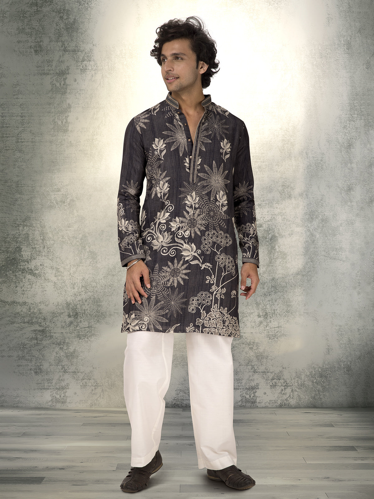 Charcoal black linen cotton printed kurta suit for weddings