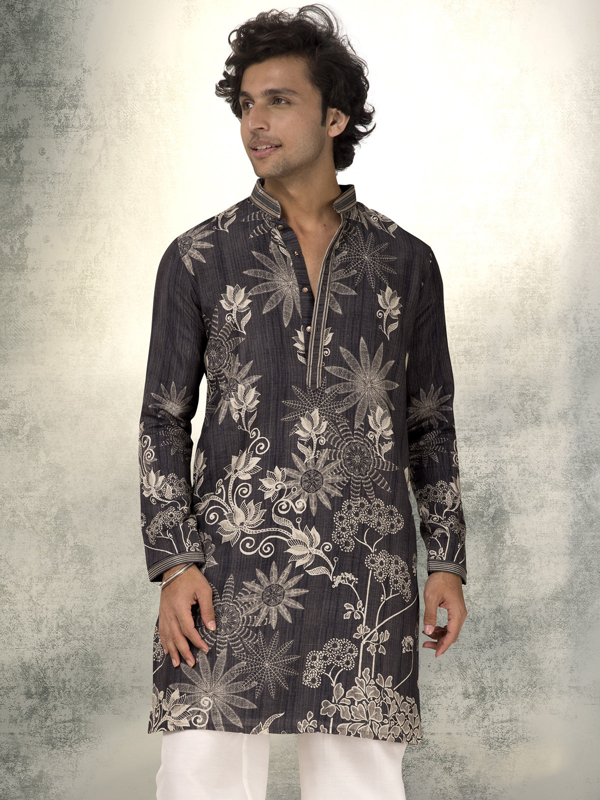 Charcoal black linen cotton printed kurta suit for weddings
