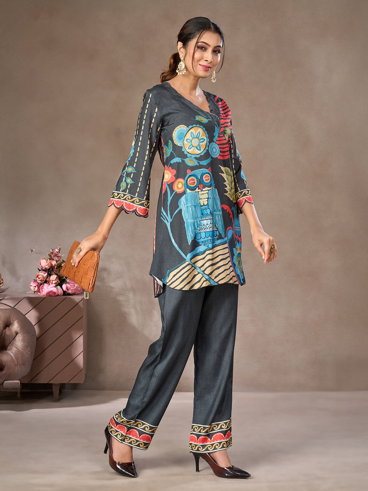 Charcoal grey printed silk co-ord set
