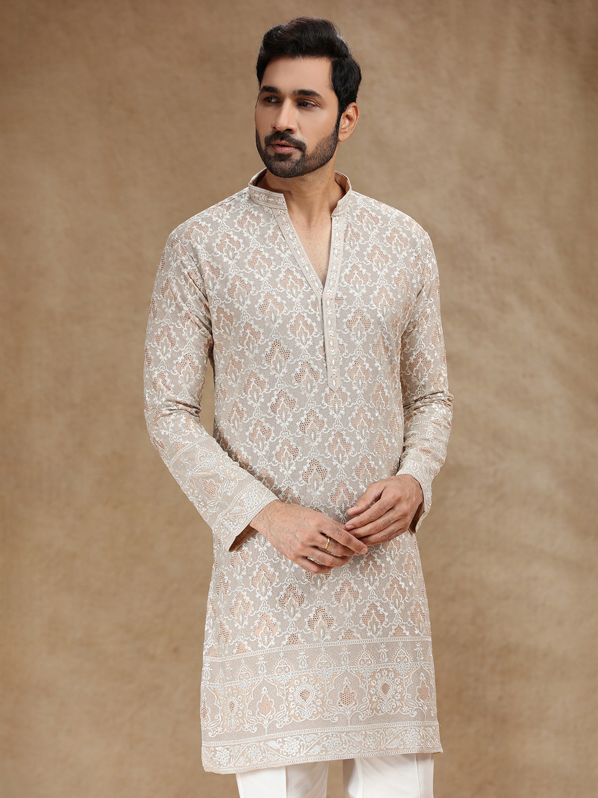 Classic beige georgette menfestive kurta suit