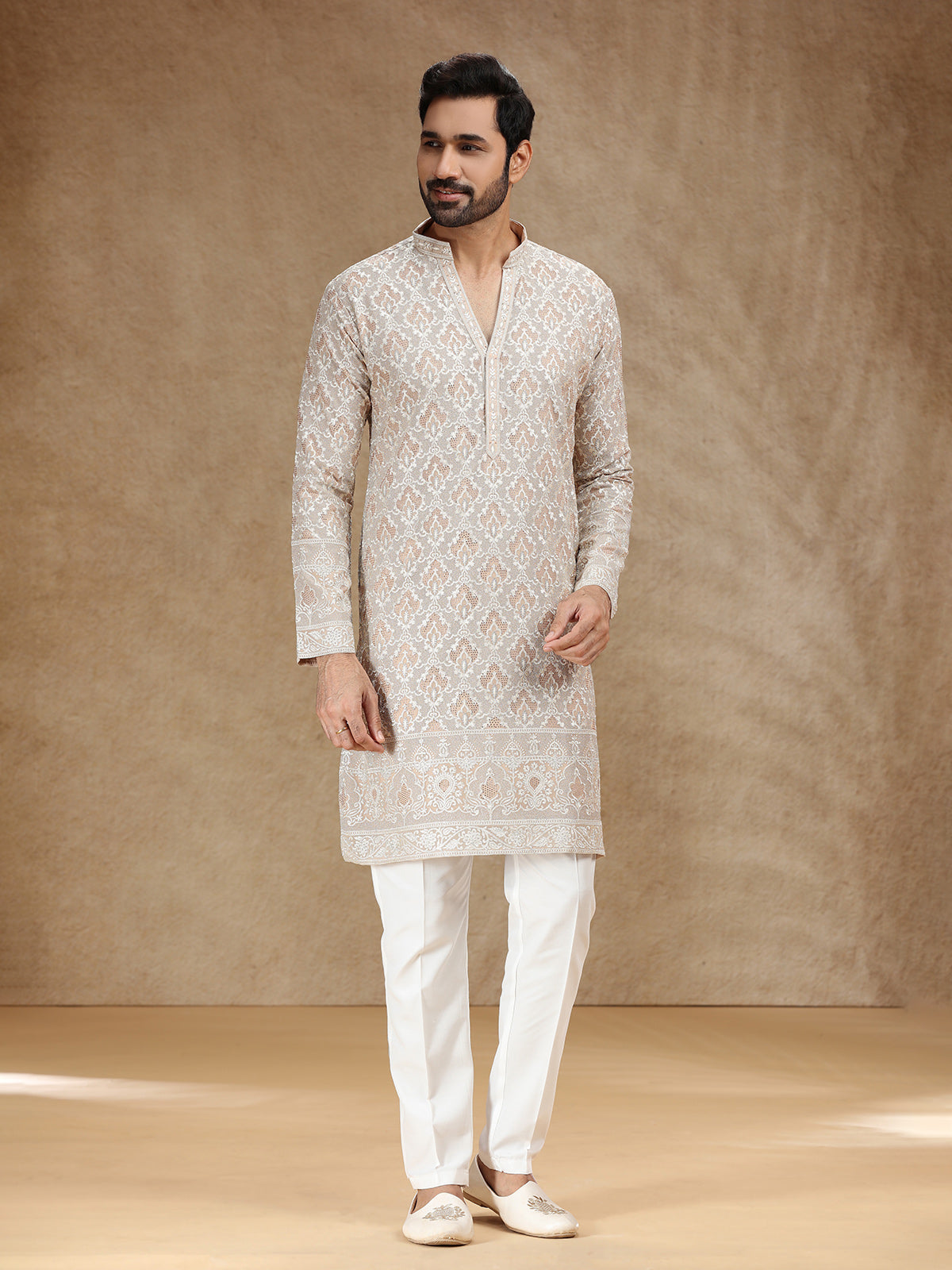 Classic beige georgette menfestive kurta suit
