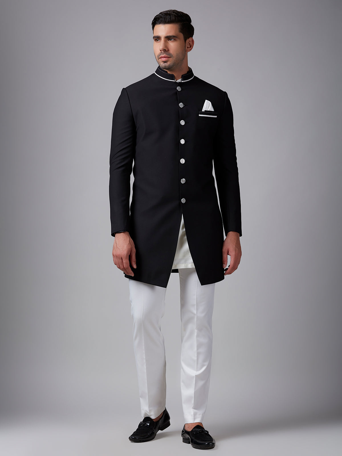 Classic plain black terry rayon indowestern
