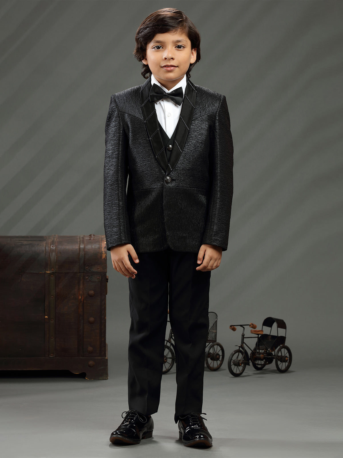 Classy black textured terry rayon coat suit