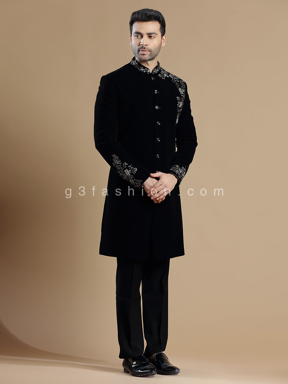 Classy black velvet wedding wear indowestern