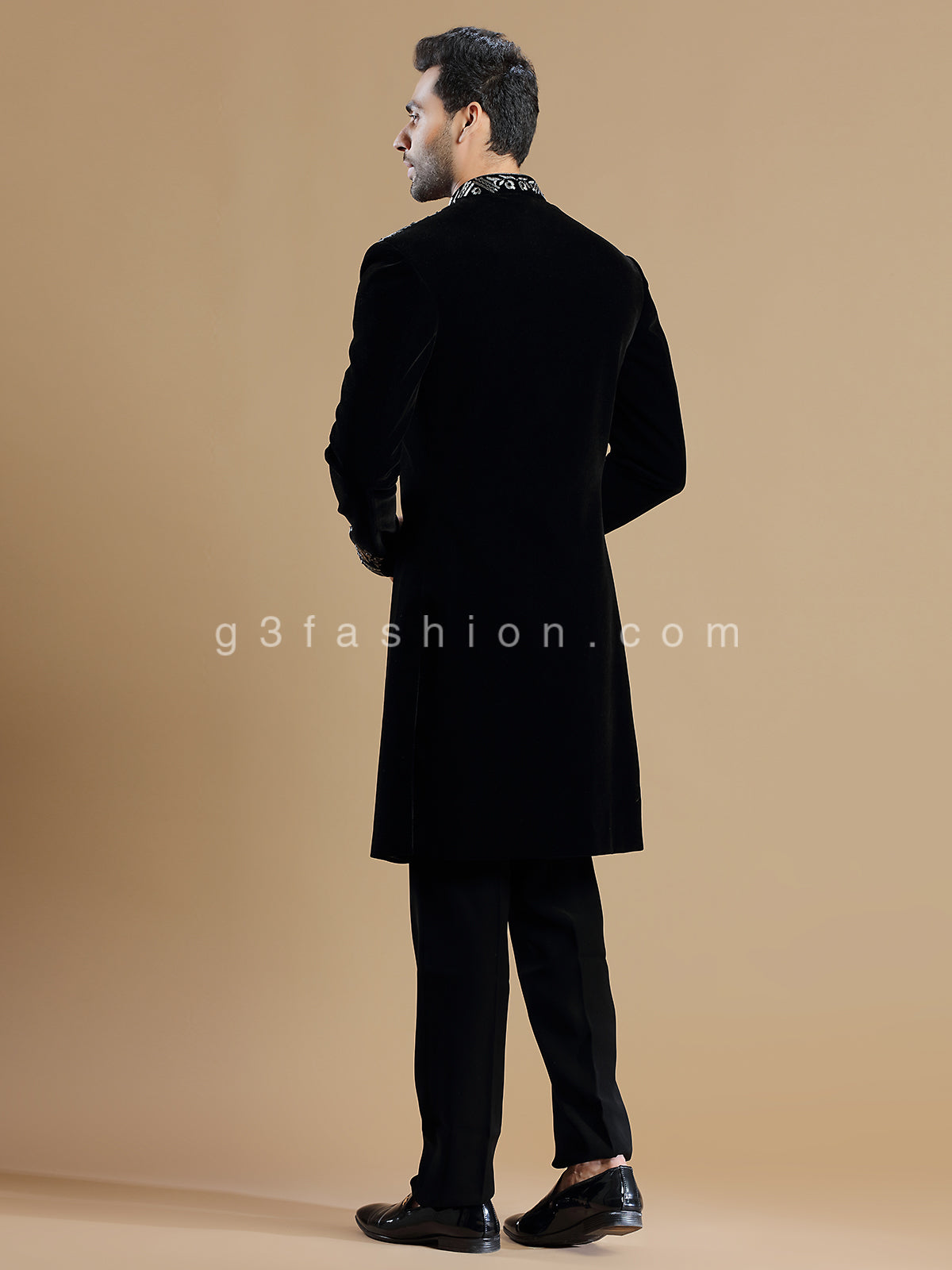 Classy black velvet wedding wear indowestern