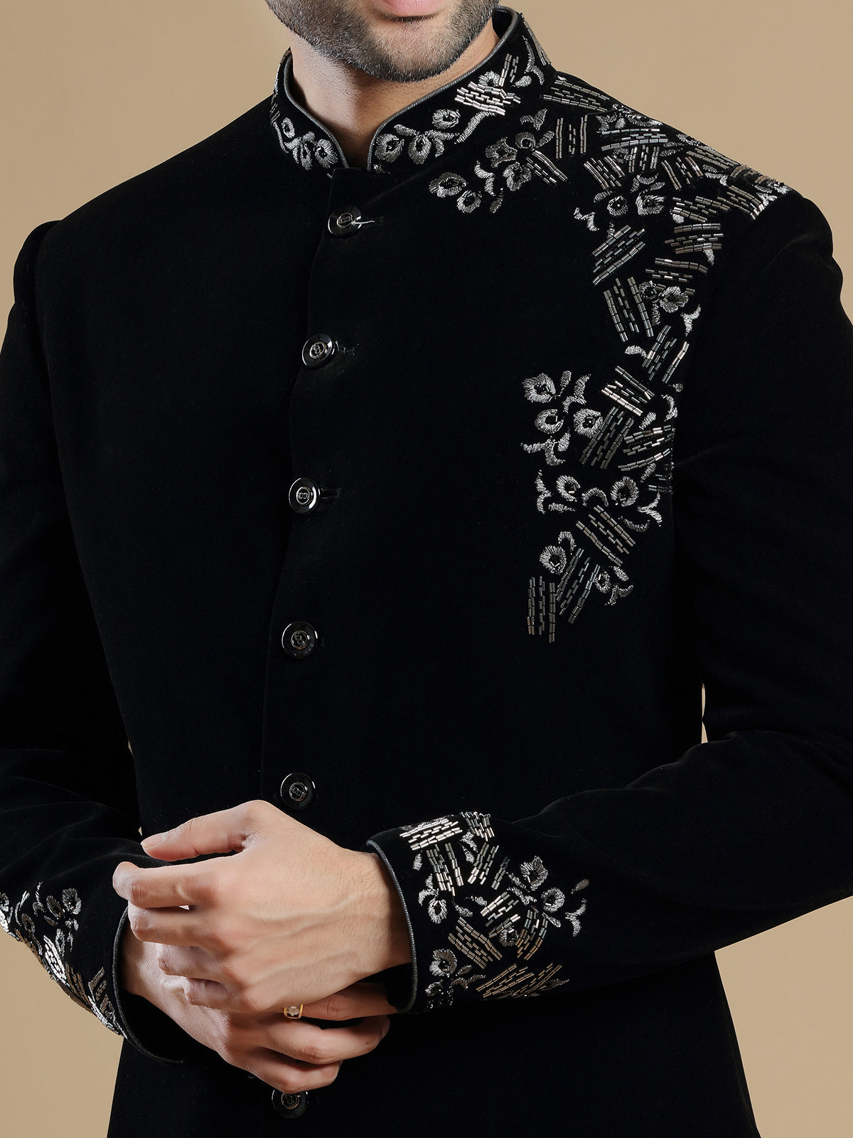 Classy black velvet wedding wear indowestern