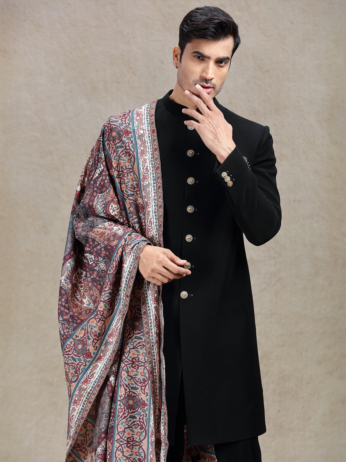 Classy charming black sherwani with pashmina dupatta
