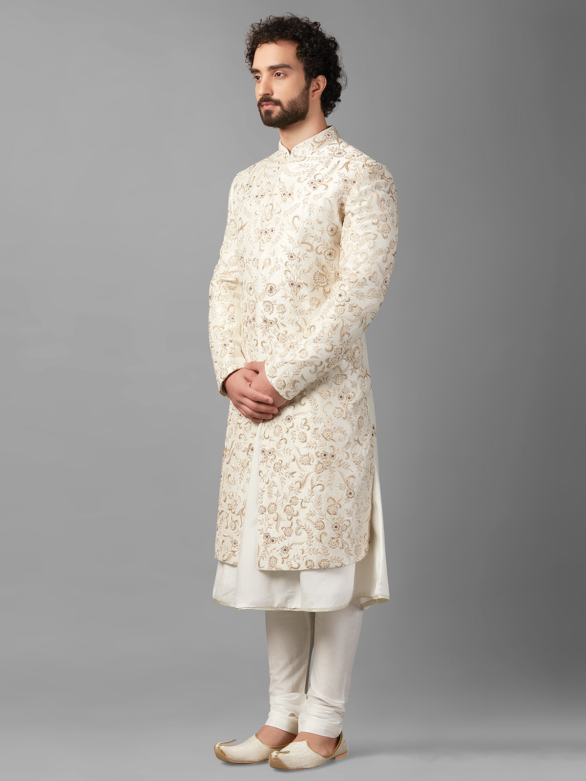 Classy off-white raw silk sherwani