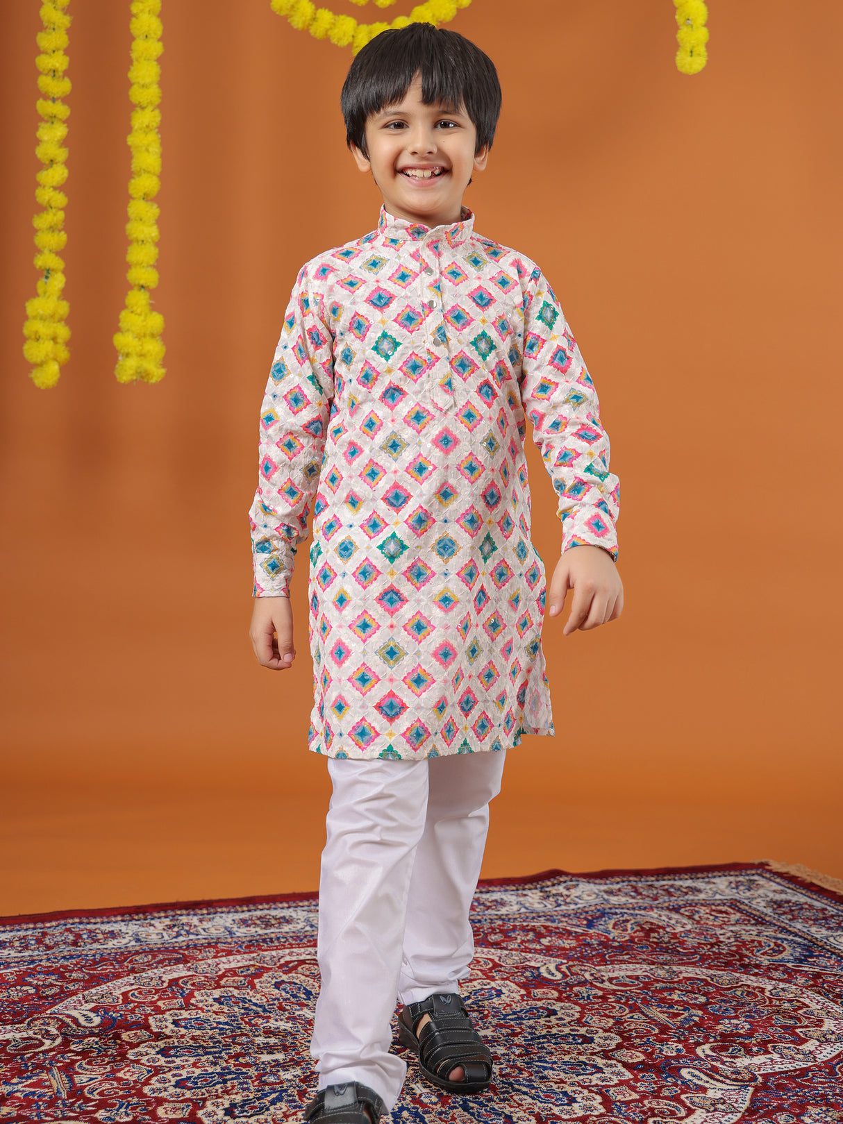 Classy printed white cotton kurta suit