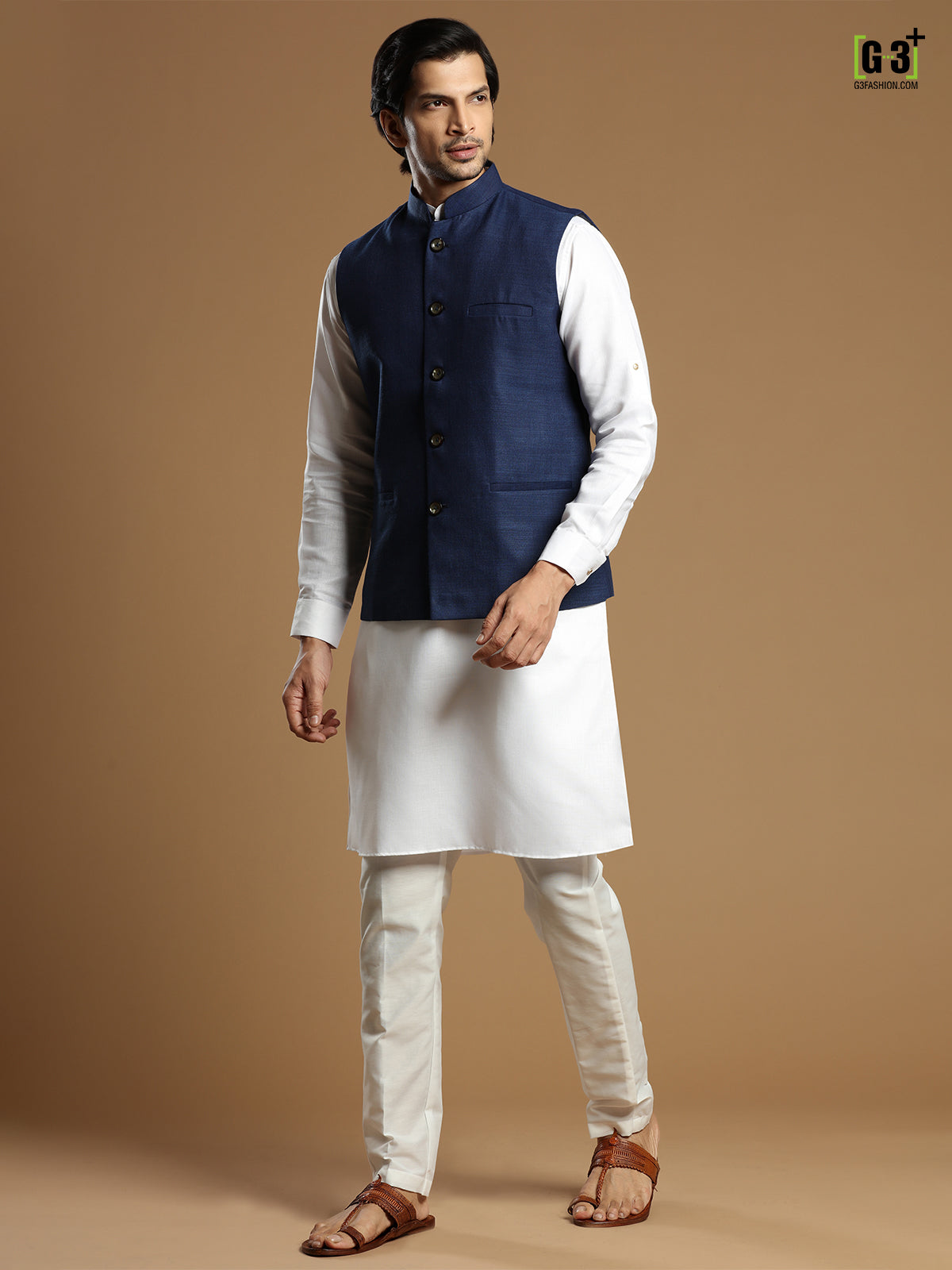 Cotton silk festive occasions navy waistcoat set for men