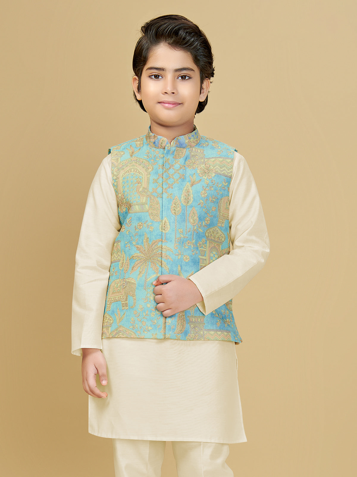 Cream and blue silk waistcoat set for wedding