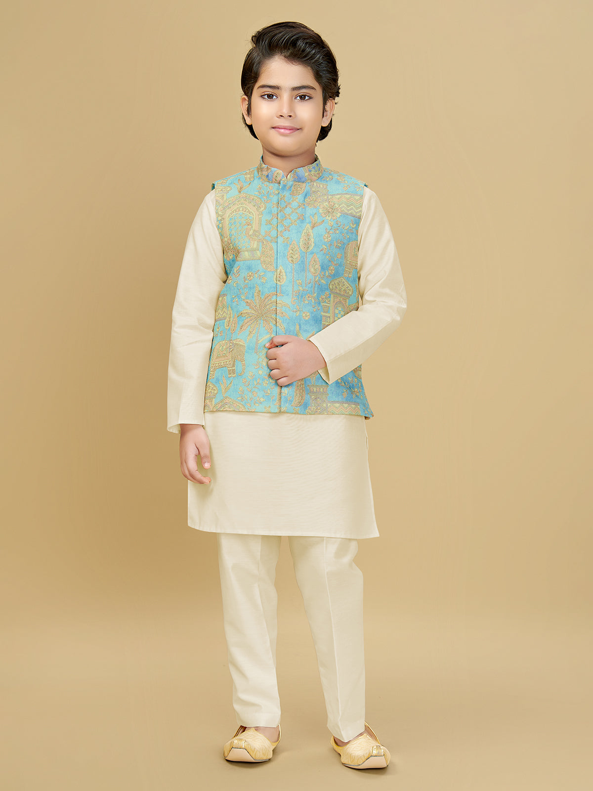 Cream and blue silk waistcoat set for wedding