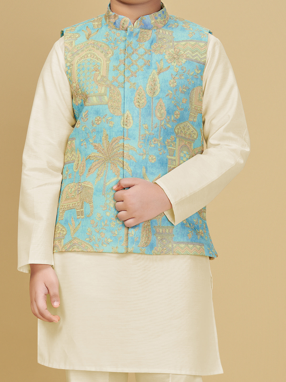 Cream and blue silk waistcoat set for wedding
