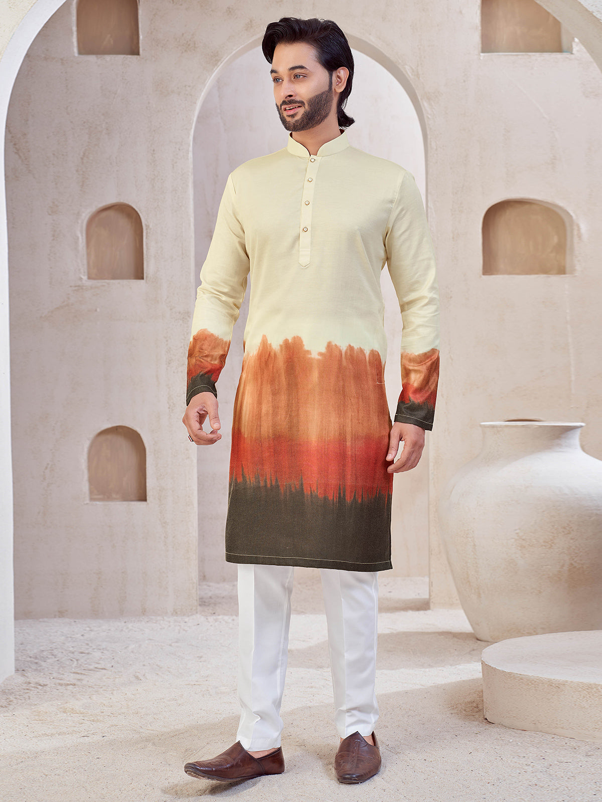 Cream and brown printed cotton kurta suit for mens