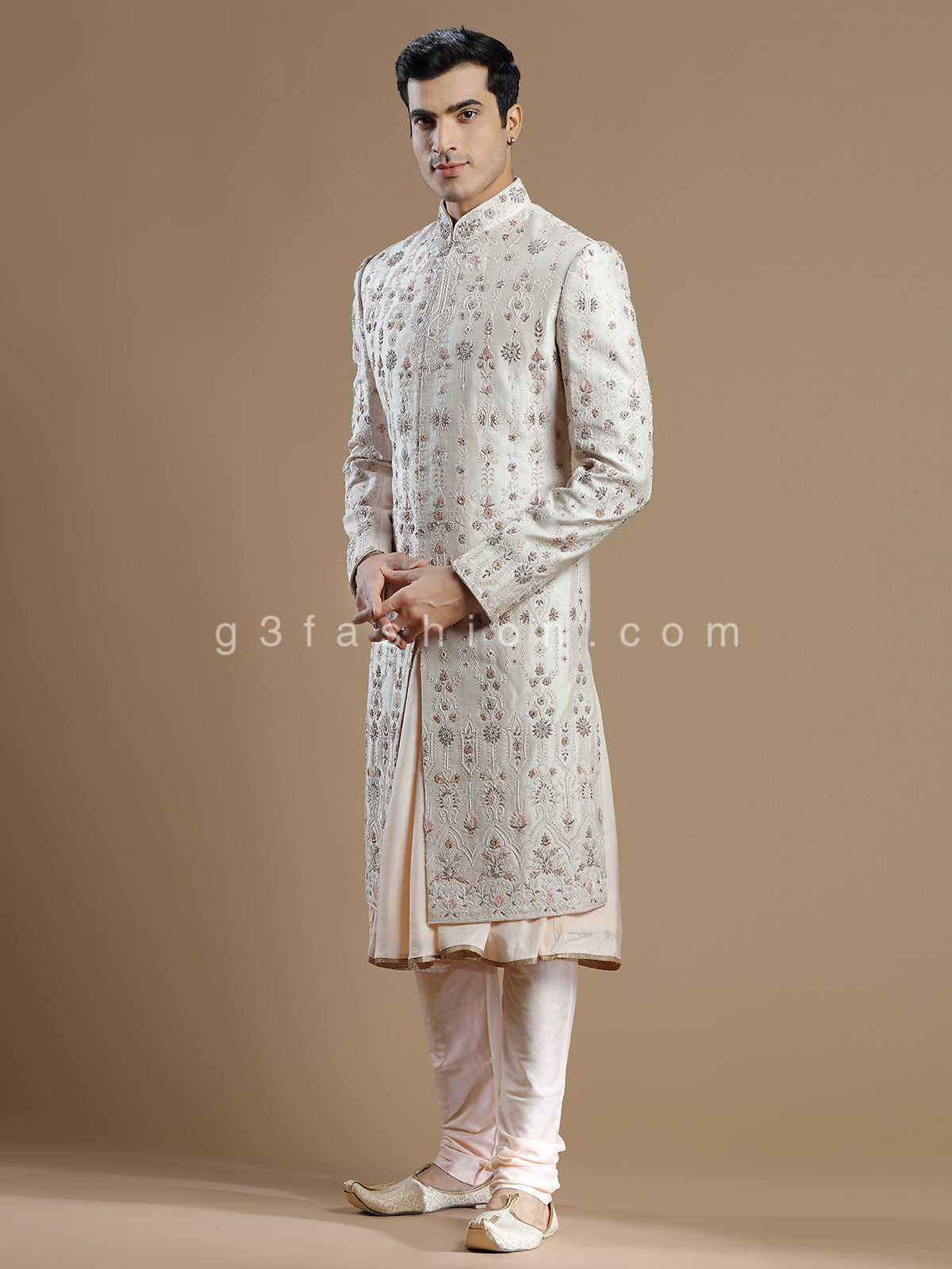 Cream and peach raw silk groom wear sherwani