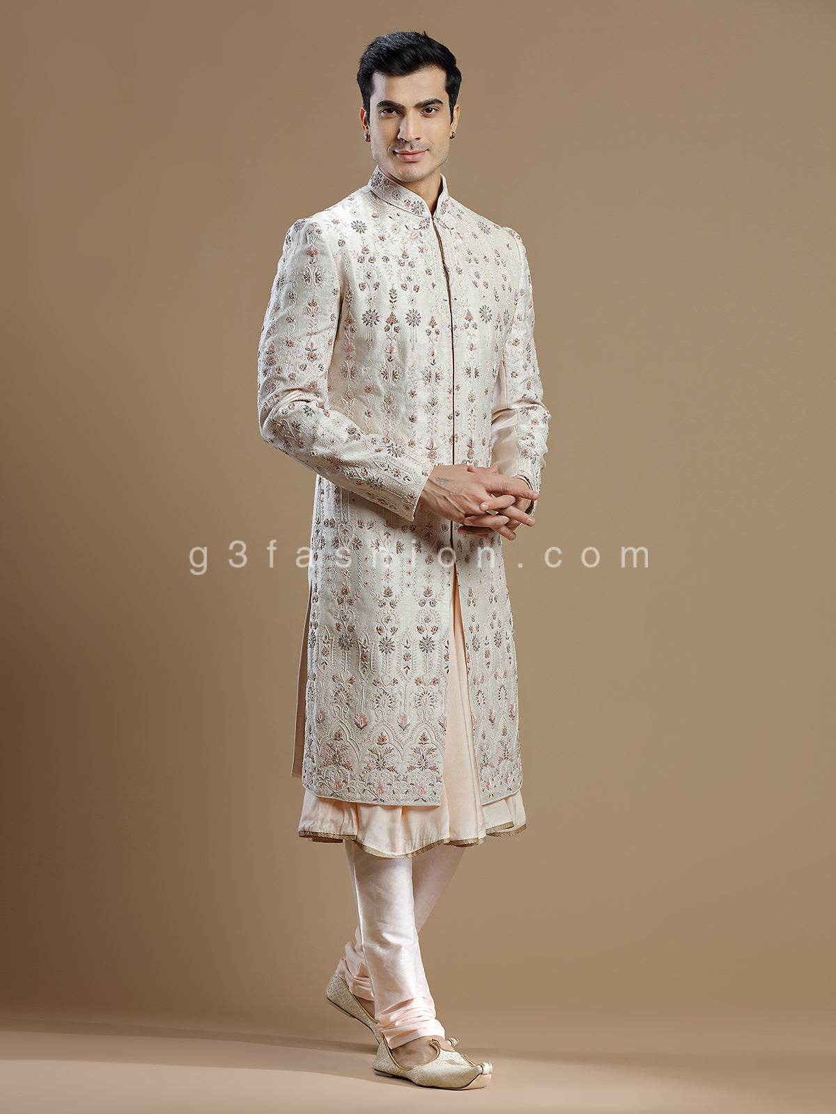 Cream and peach raw silk groom wear sherwani