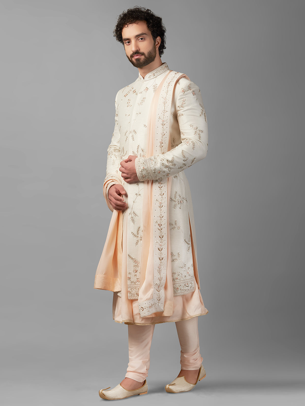 Cream and peach raw silk peshwai style sherwani
