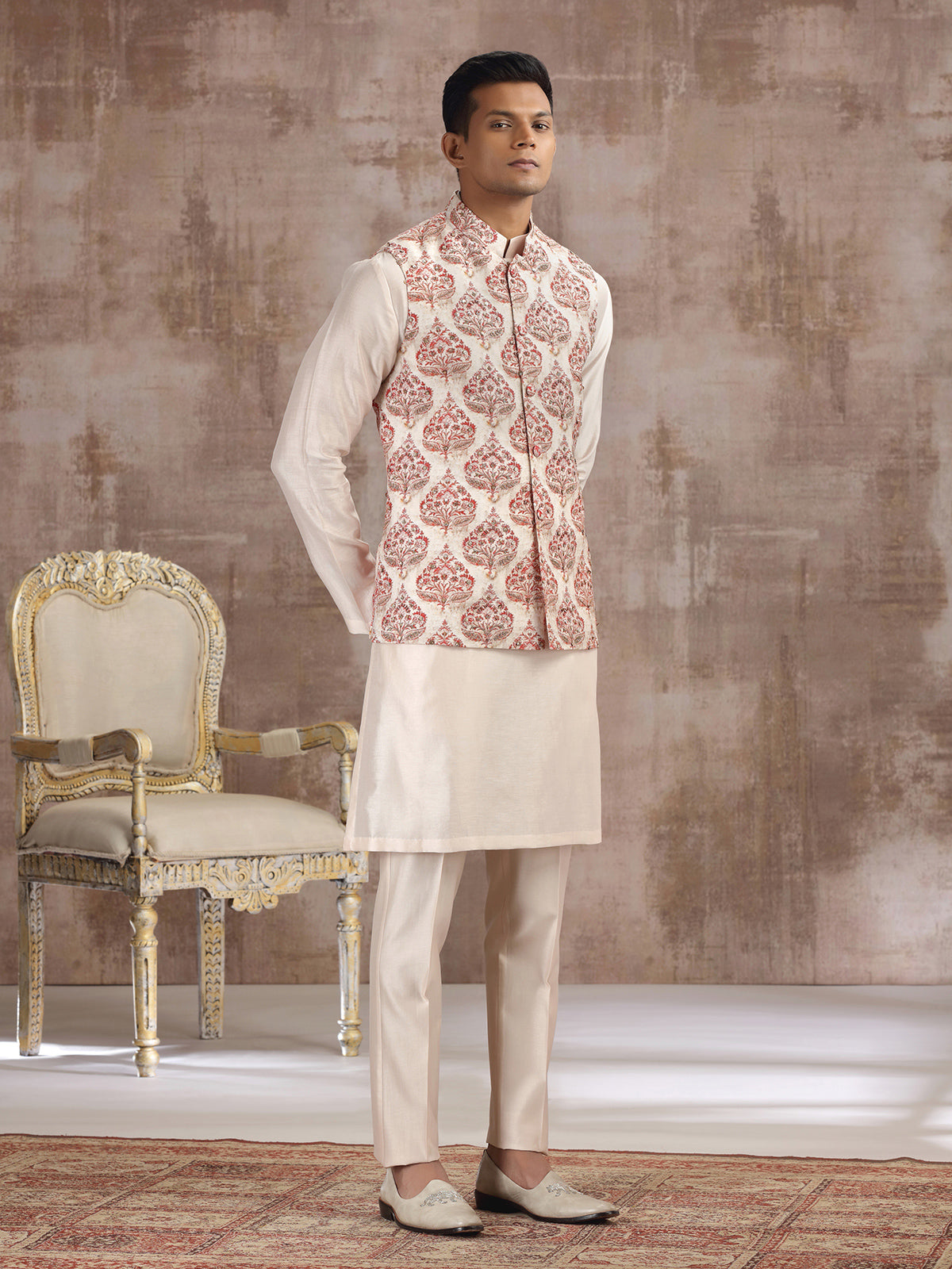 Cream and red printed silk waistcoat set