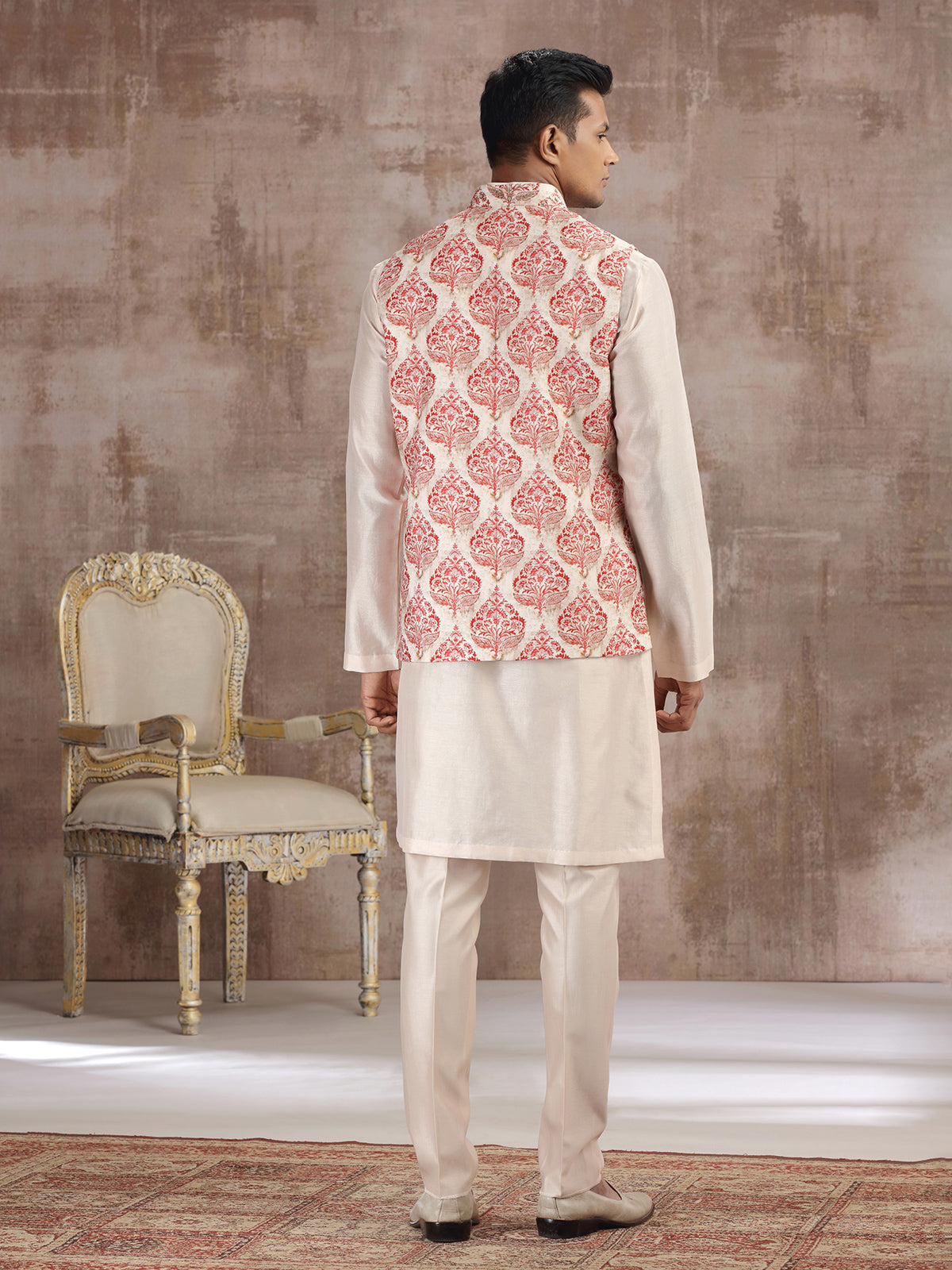 Cream and red printed silk waistcoat set