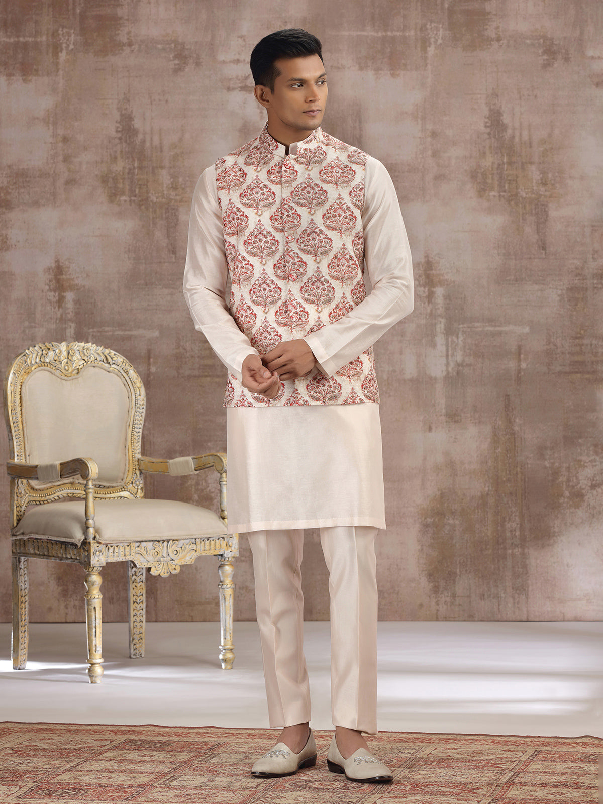 Cream and red printed silk waistcoat set