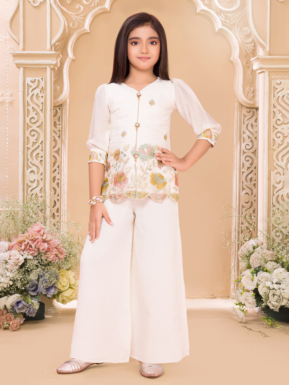 Cream chiffon embroidered palazzo suit for celebrations
