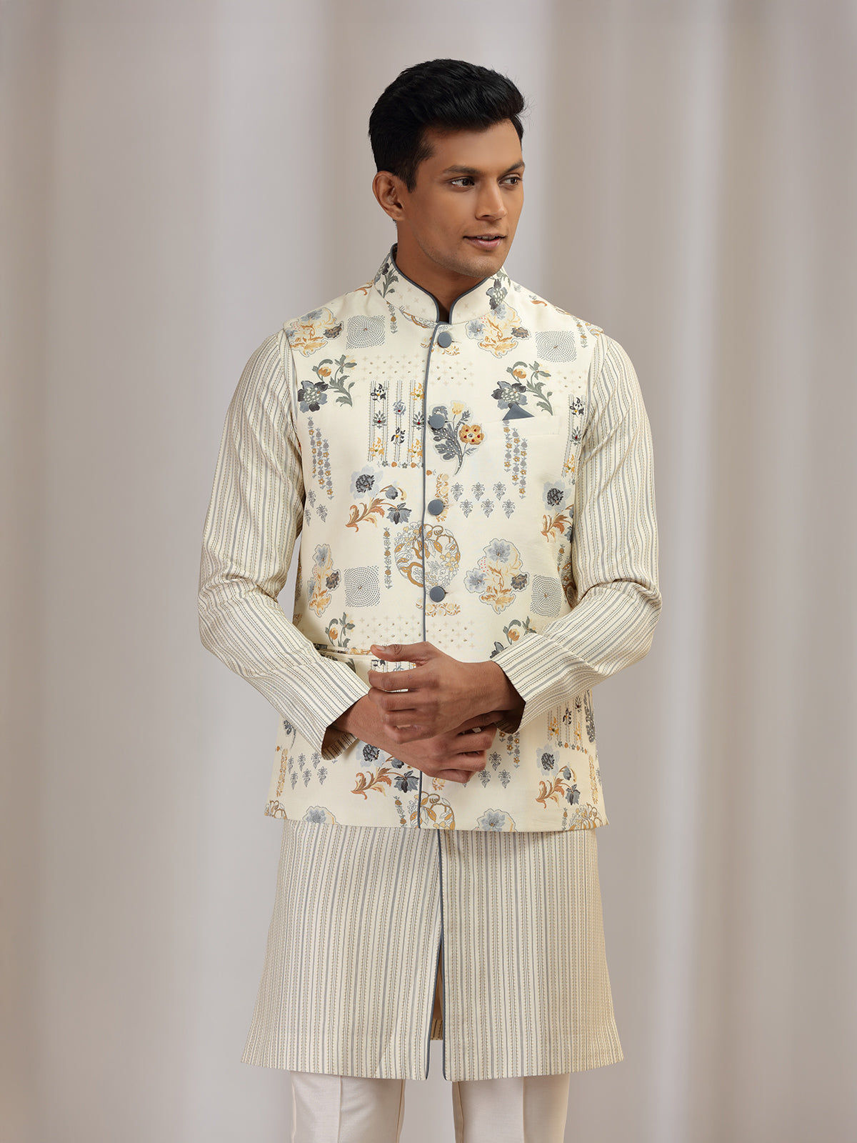 Cream cotton silk waistcoat set with print