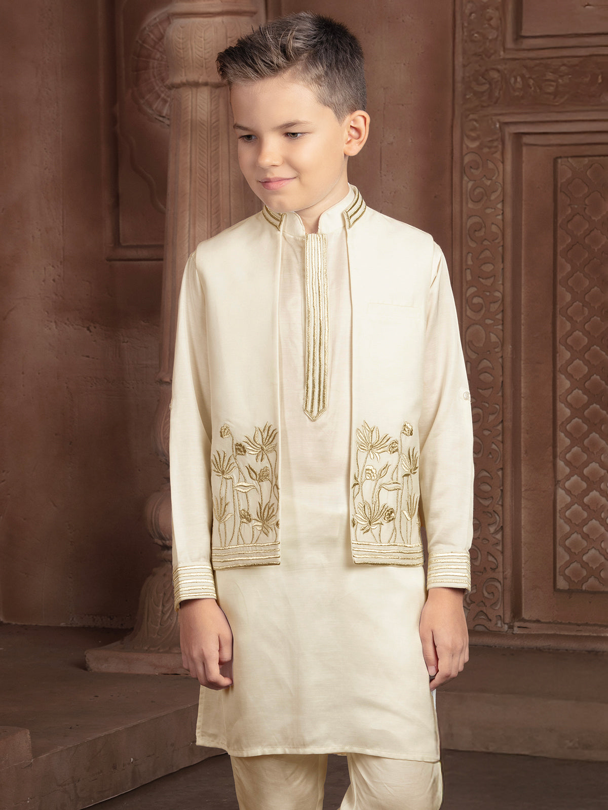Cream cotton silk waistcoat set with zari elegance