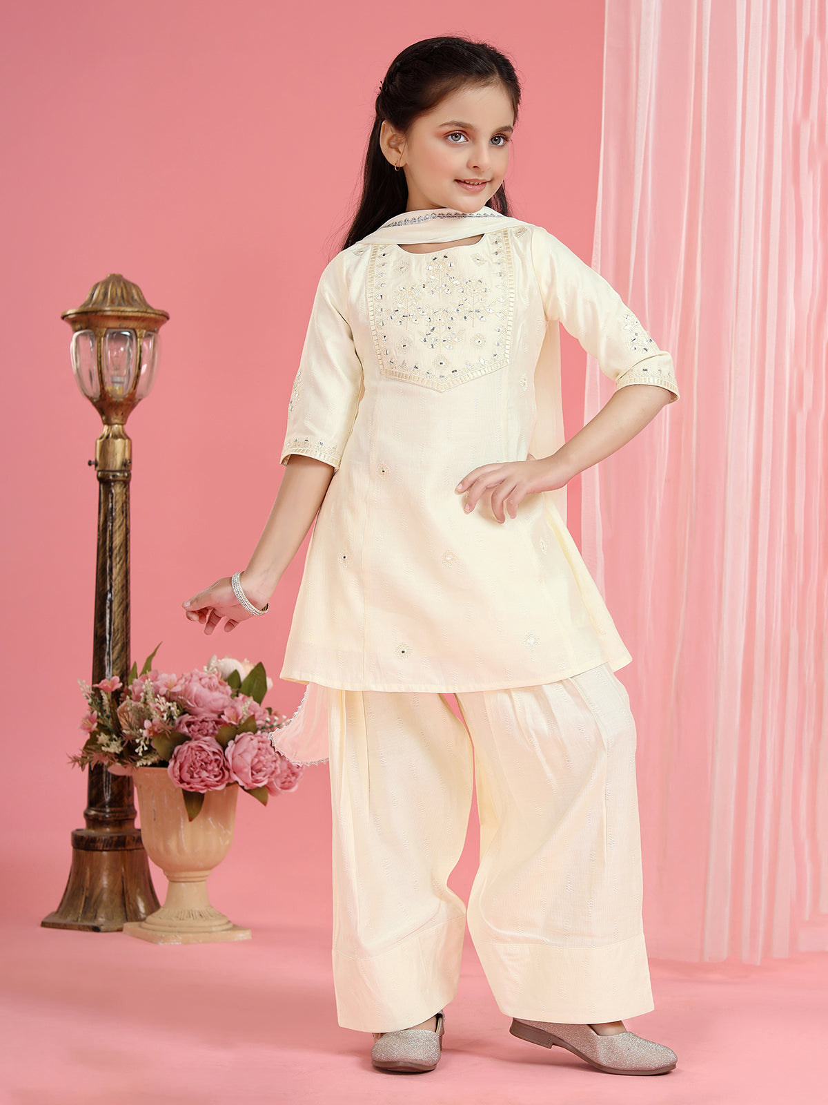 Cream cotton silk yoke style palazzo suit with dupatta