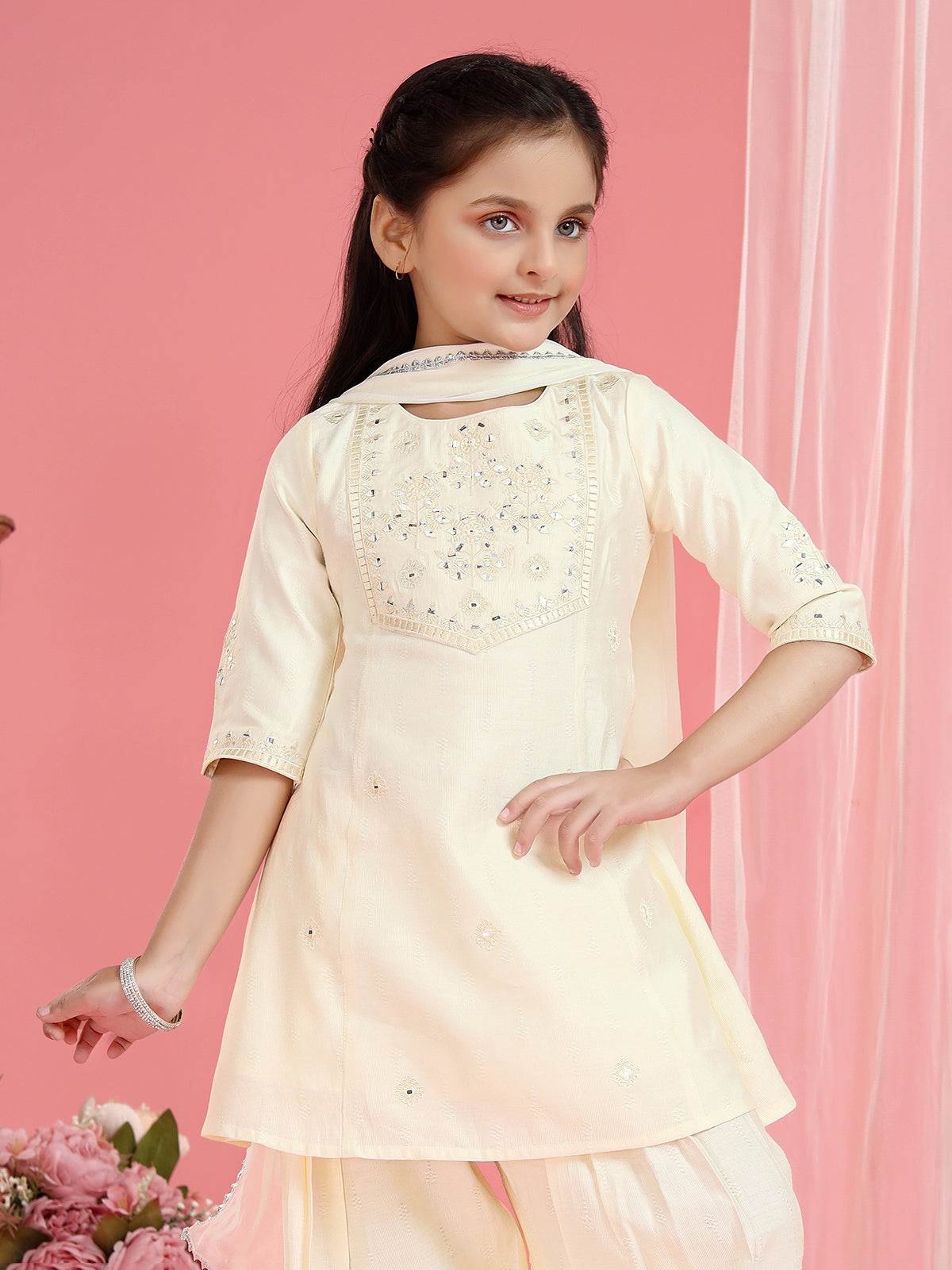 Cream cotton silk yoke style palazzo suit with dupatta