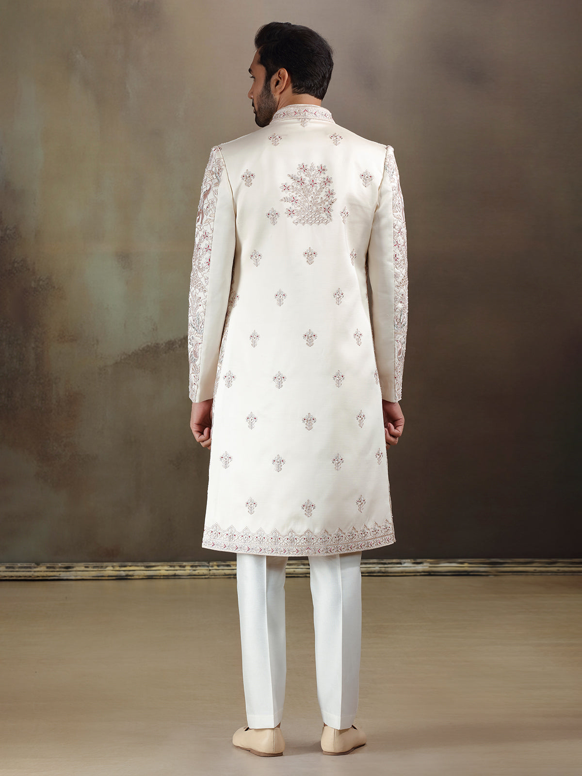 Cream crochet long jacket style sherwani with dupatta