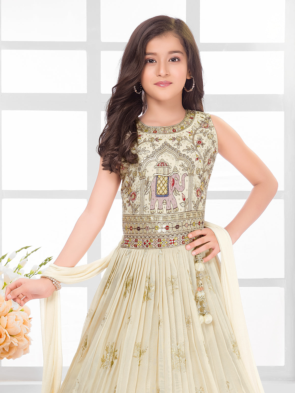 Cream georgette lehenga choli with beautiful dupatta