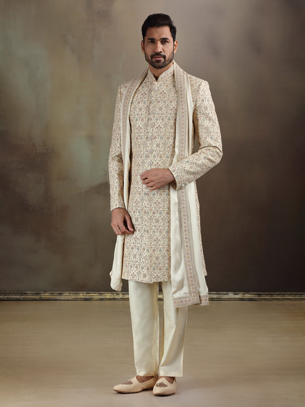 Cream gold silk sherwani with dupatta for mens