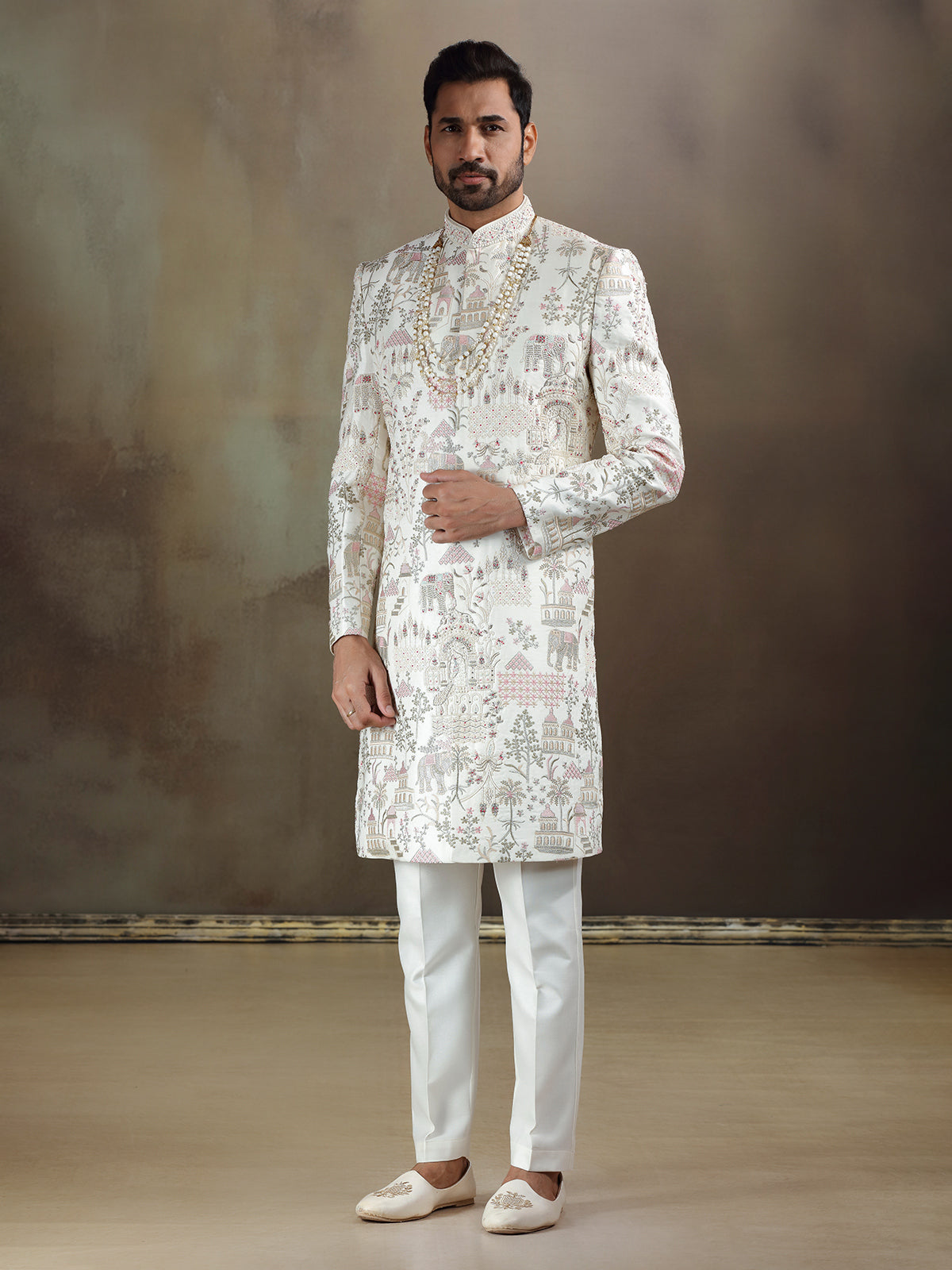 Cream linen satin wedding wear sherwani with dupatta