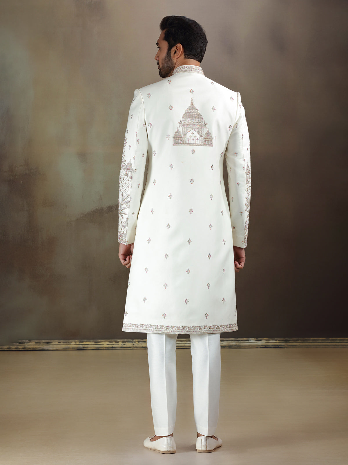 Cream linen satin wedding wear sherwani with dupatta