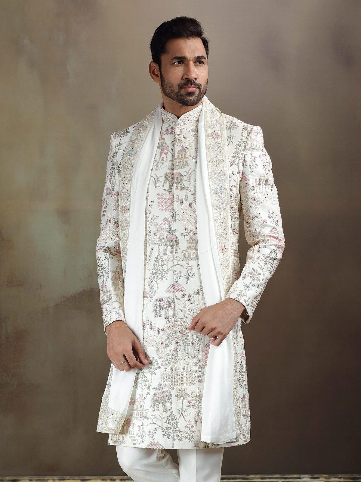 Cream linen satin wedding wear sherwani with dupatta