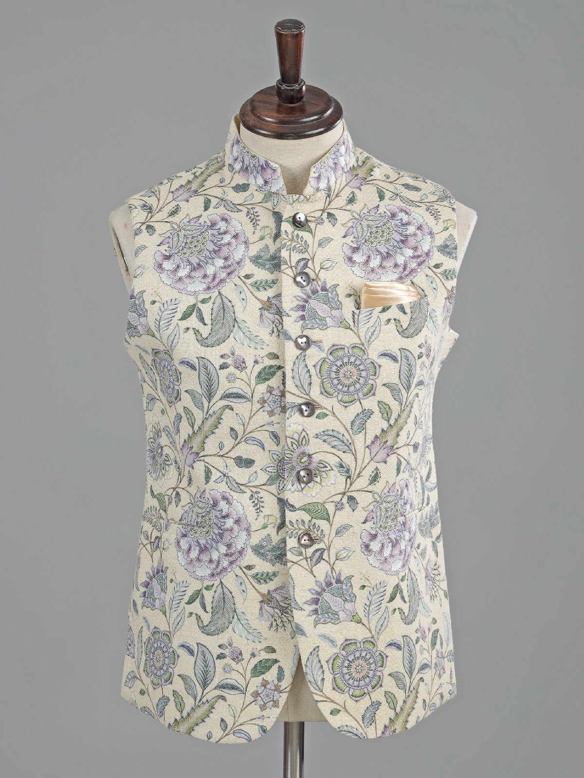 Cream printed cotton waistcoat for men