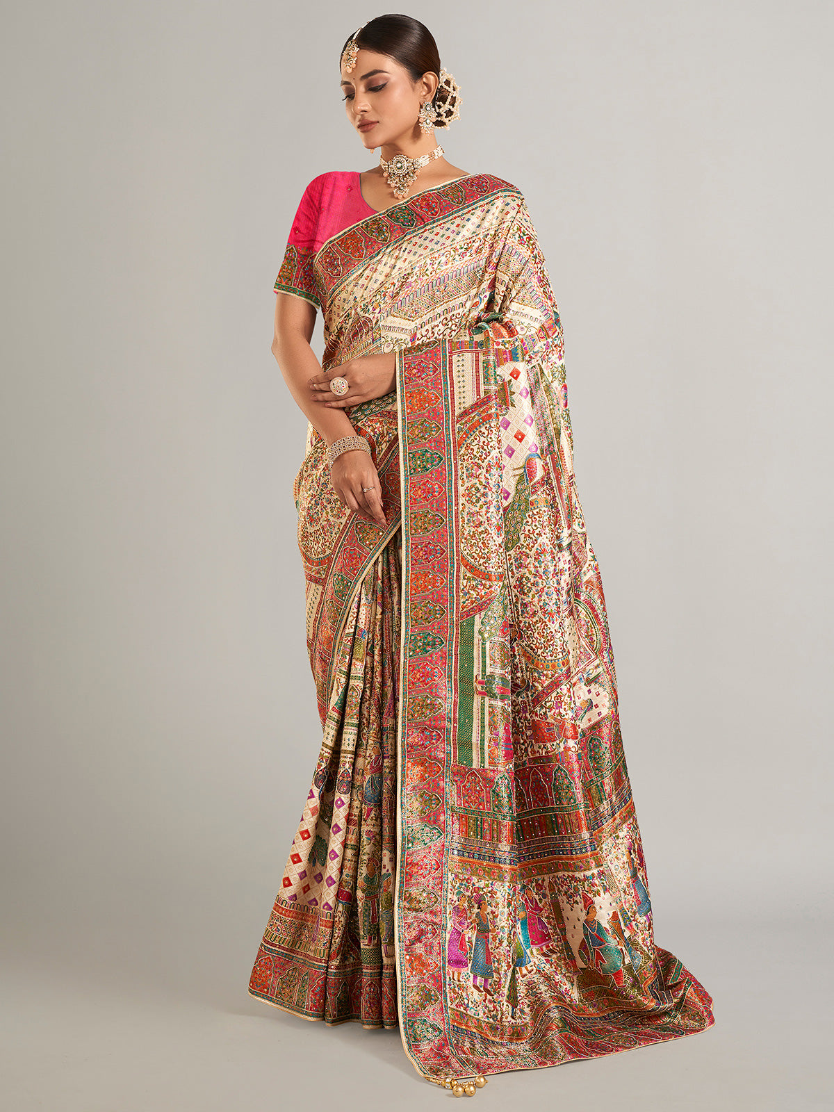 Cream printed pashmina silk saree
