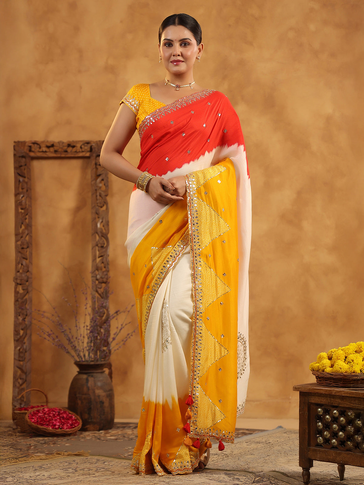 Cream printed silk saree for festive wear