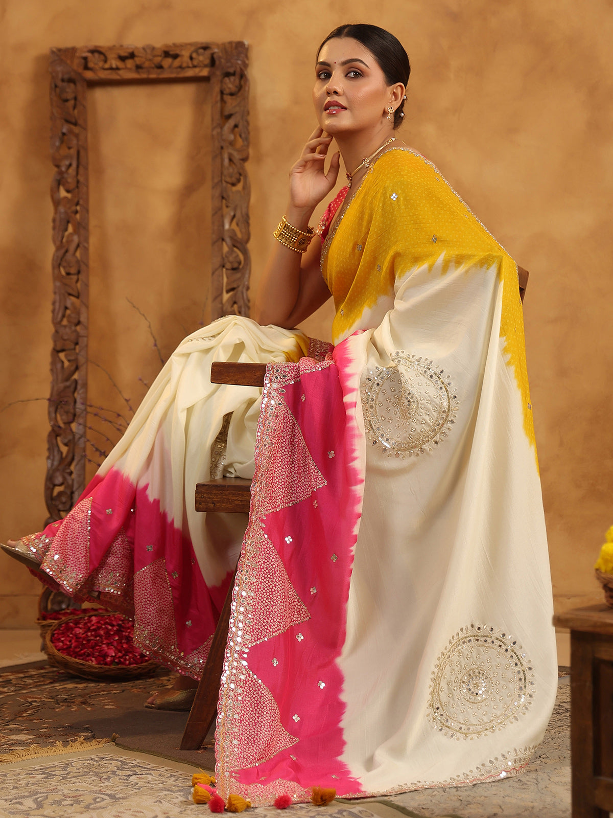 Cream printed silk saree with aabla and resham work