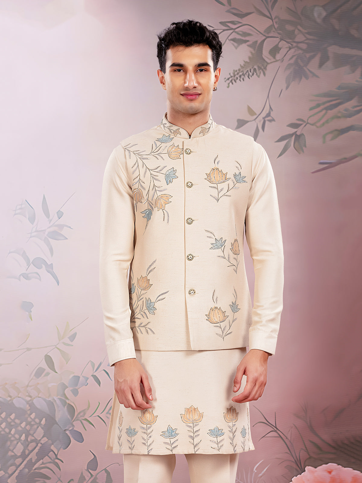 Cream printed silk waistcoat set with sequins work