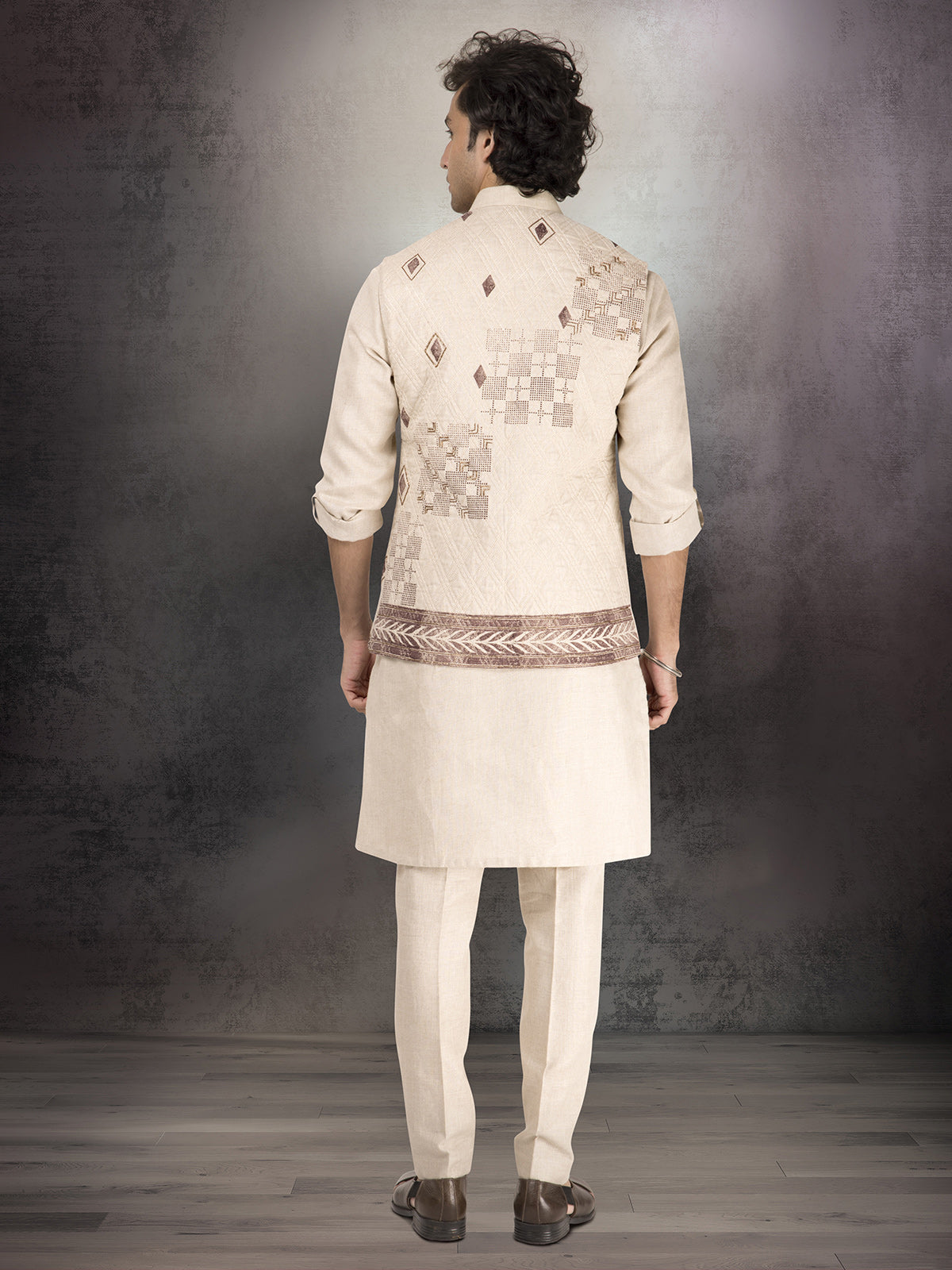 Cream pure linen block printed waistcoat set ensemble