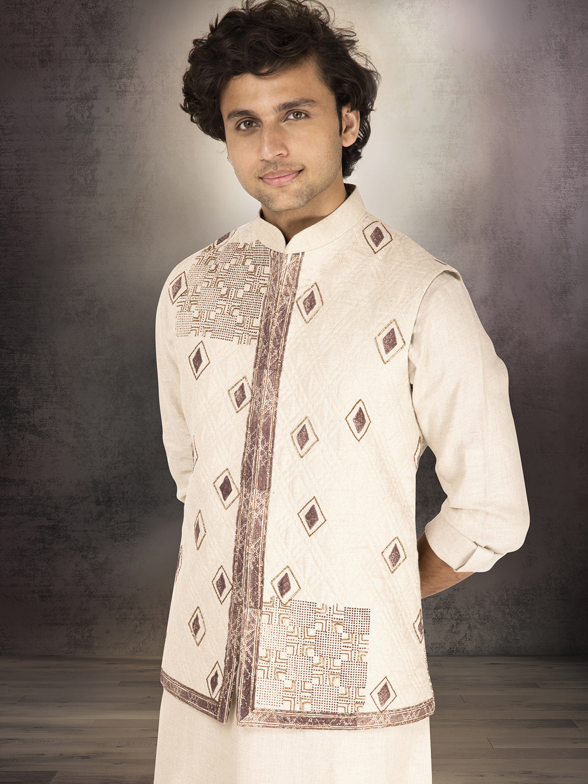Cream pure linen block printed waistcoat set ensemble