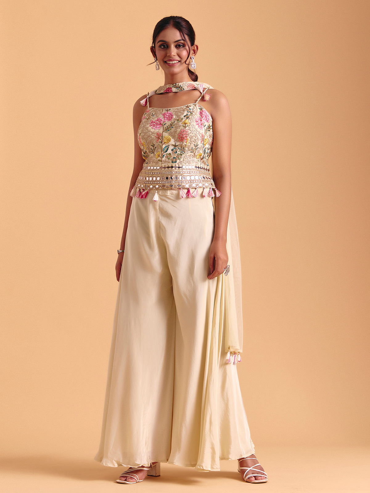 Cream satin silk palazzo suit with dupatta