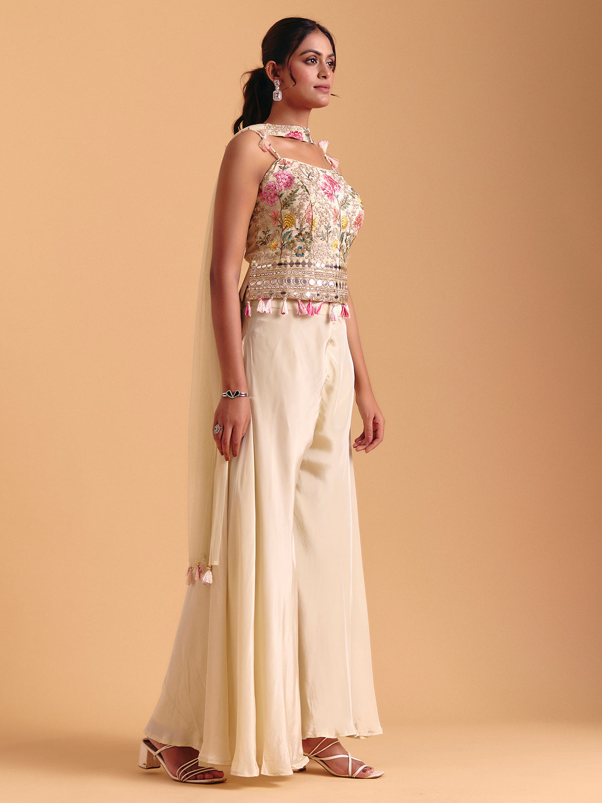 Cream satin silk palazzo suit with dupatta