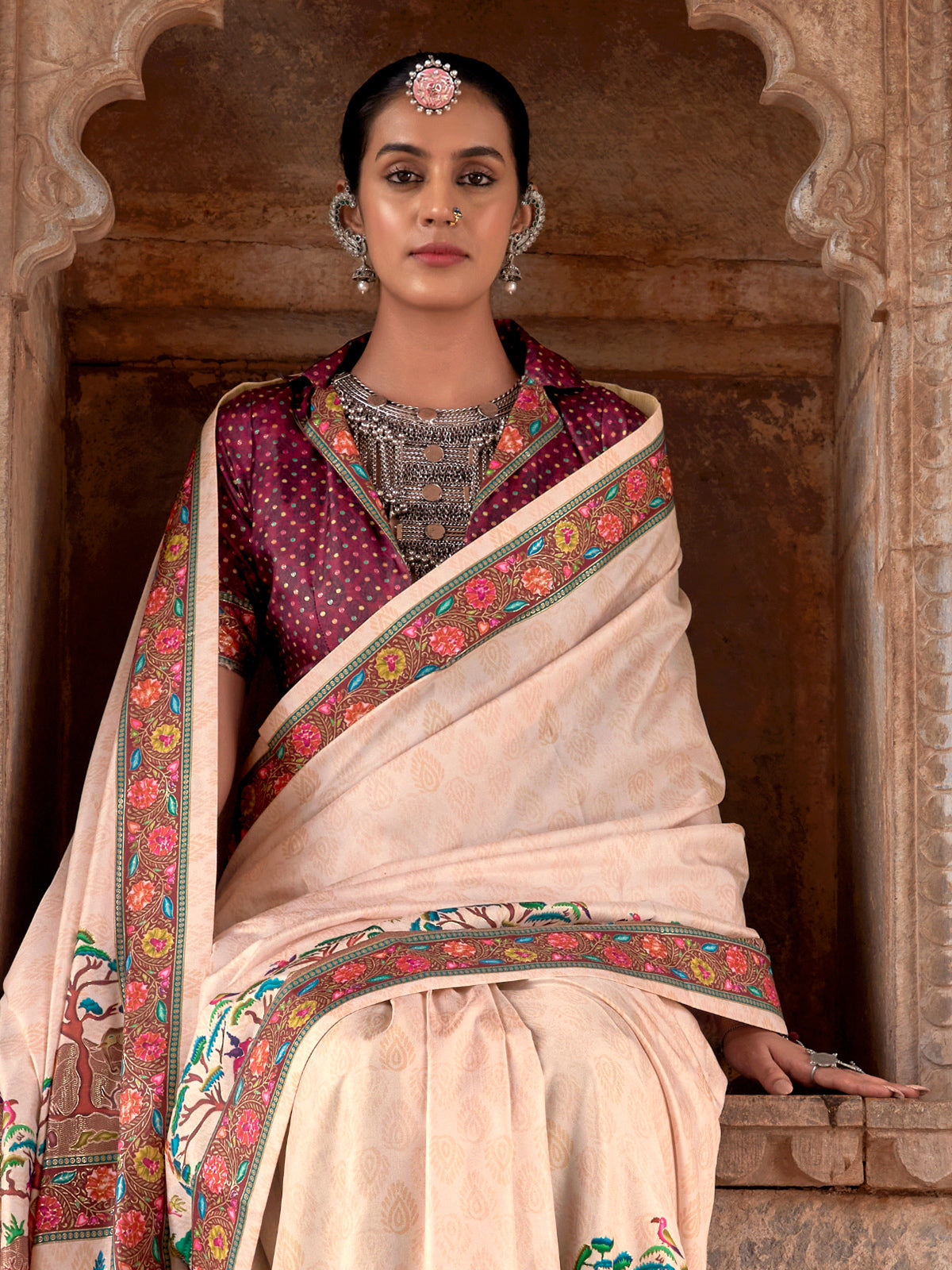 Cream silk festive wear saree with print