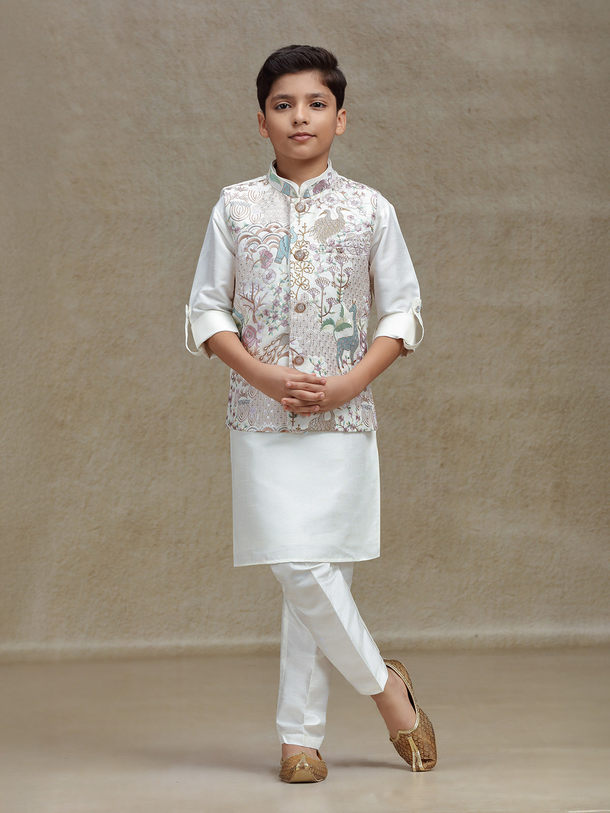Cream silk waistcoat set for festive wear