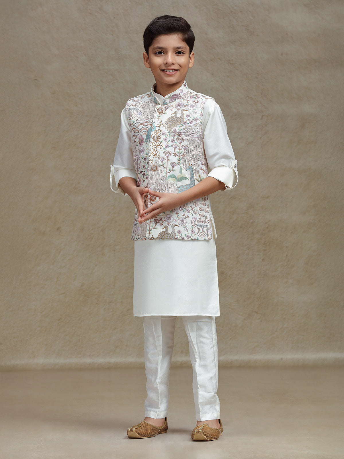Cream silk waistcoat set for festive wear