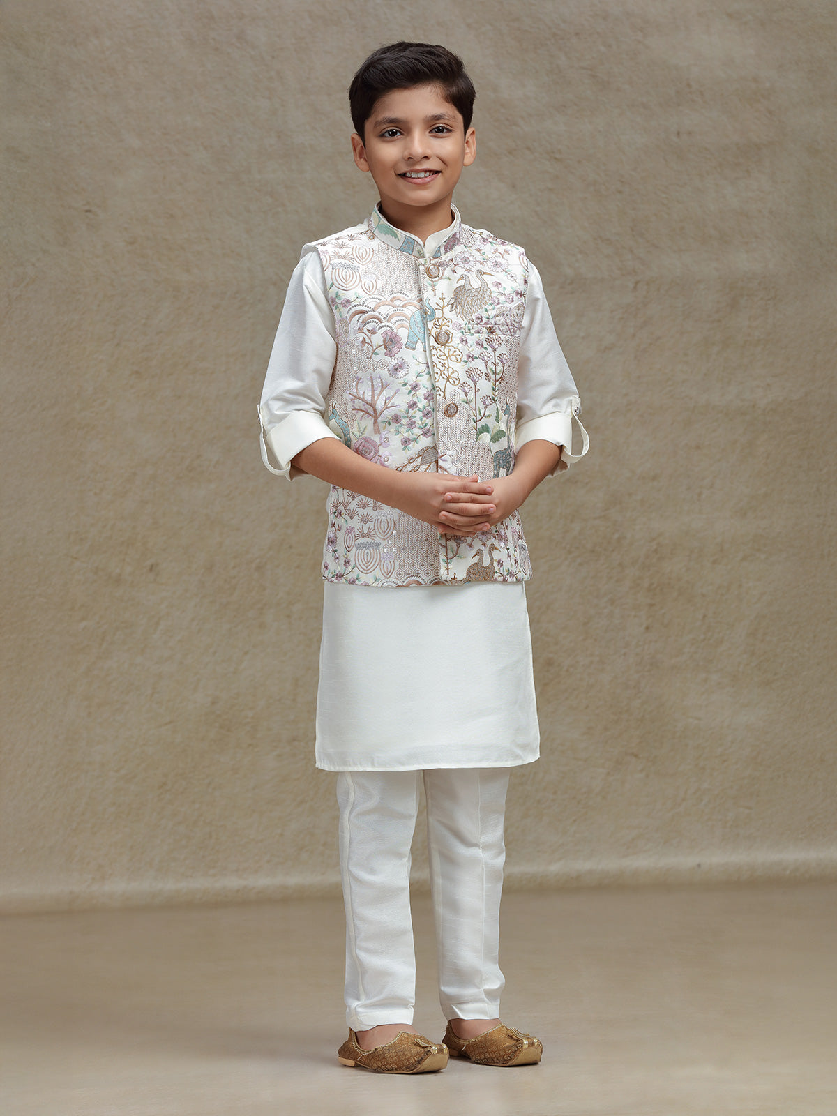 Cream silk waistcoat set for festive wear