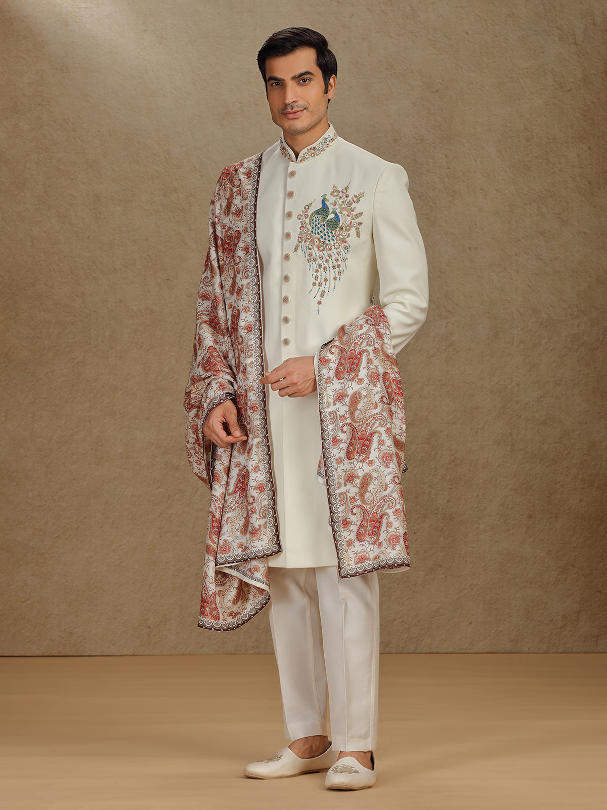 Cream terry rayon indo western with printed dupatta