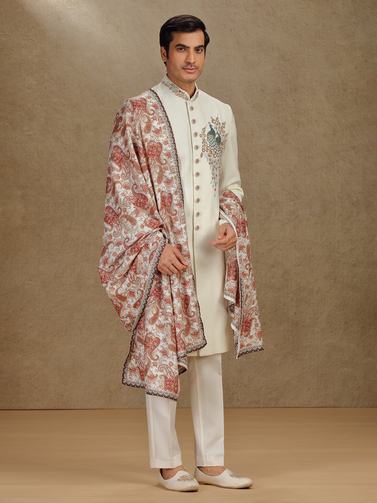 Cream terry rayon indo western with printed dupatta
